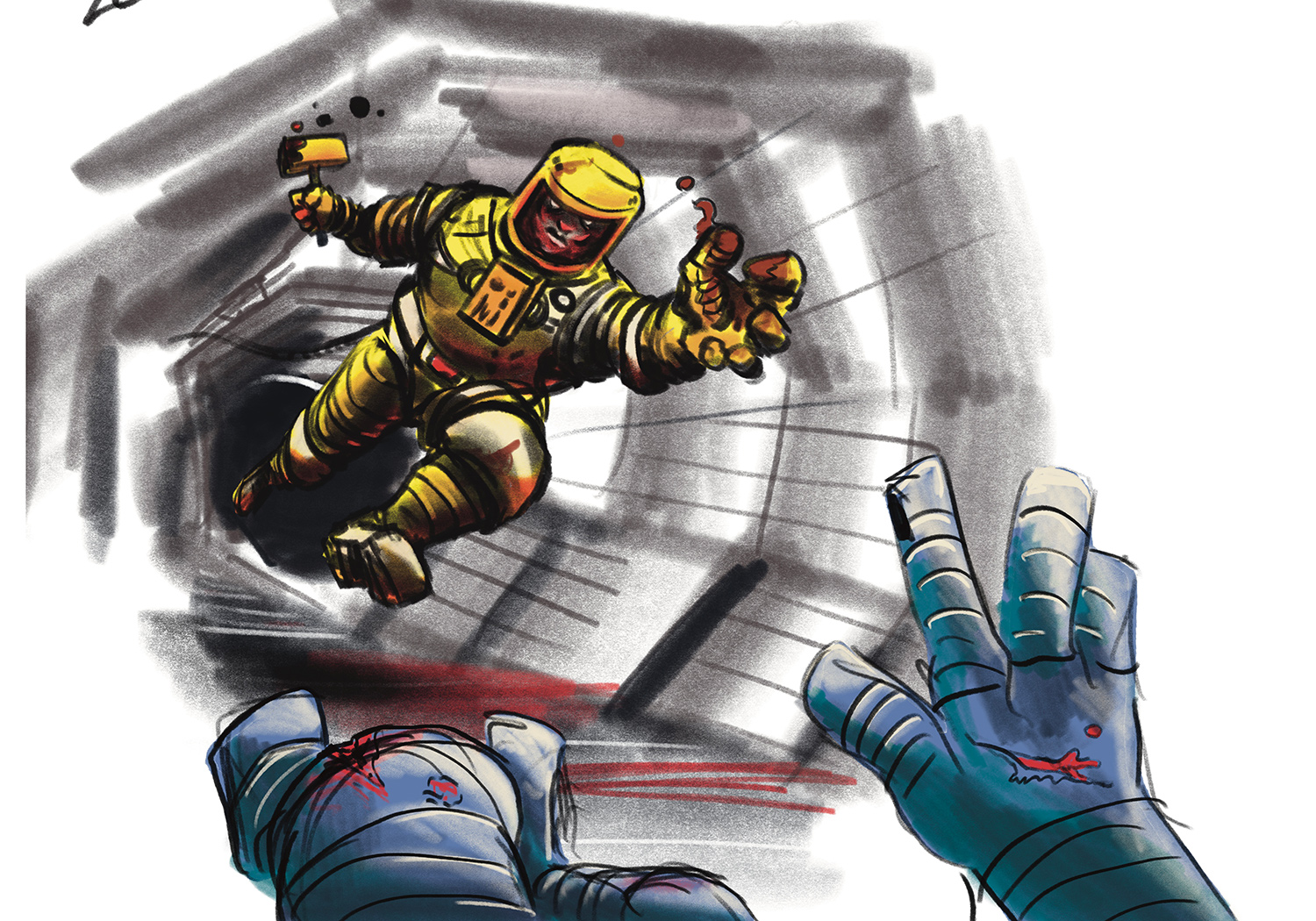 Retro Scifi spaceman horror in zero gravity illustration final composition sketch.