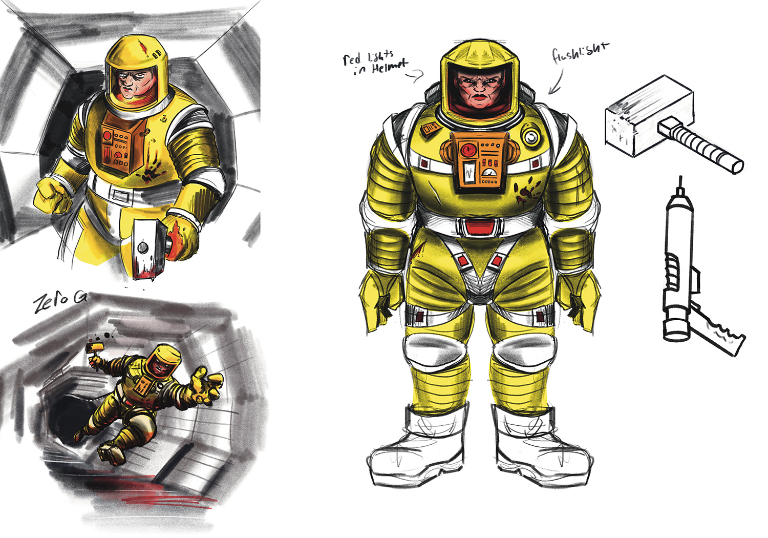 Retro Scifi spaceman horror in zero gravity illustration concept sketching.