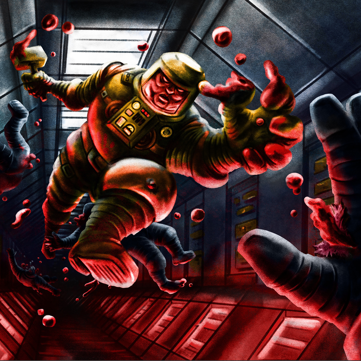 Retro Scifi spaceman horror in zero gravity illustration square crop.