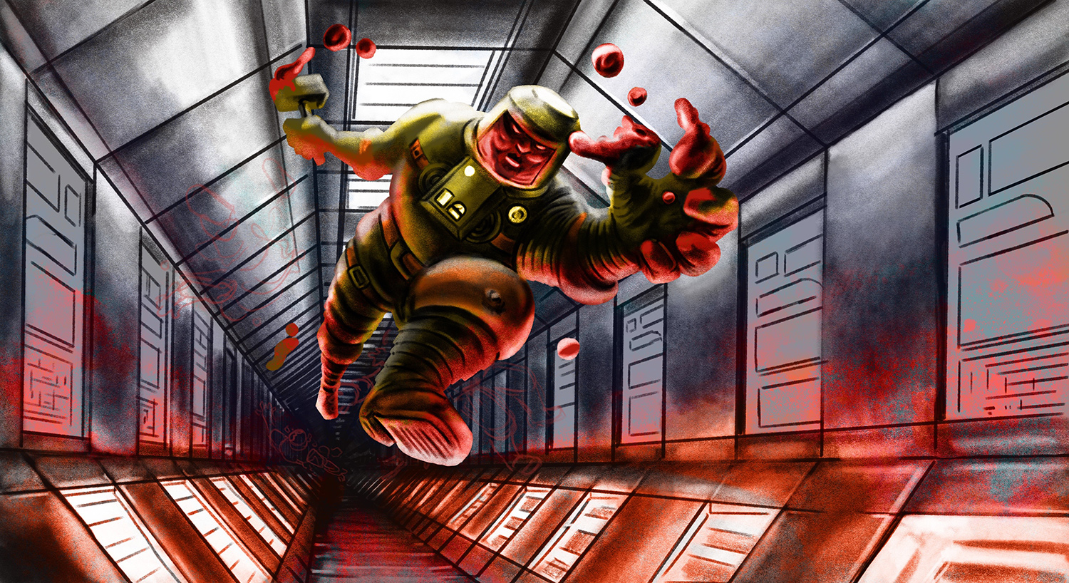 Retro Scifi spaceman horror in zero gravity illustration process.