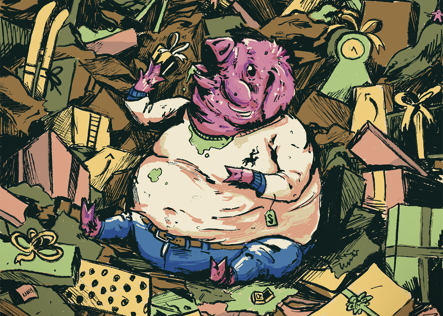 Large pigman eating a massigve pile of gifts.