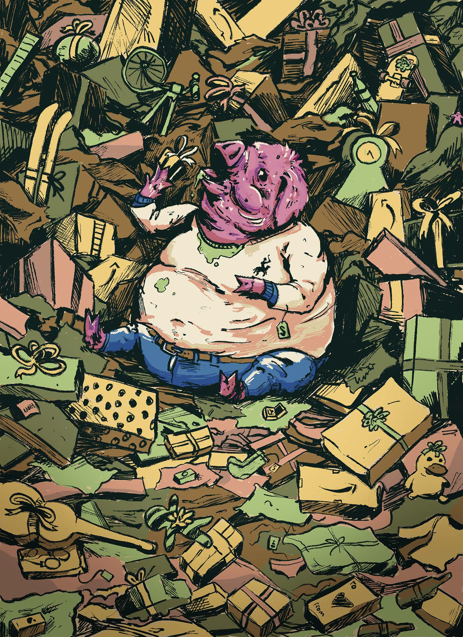 Large pigman eating a massive pile of presents