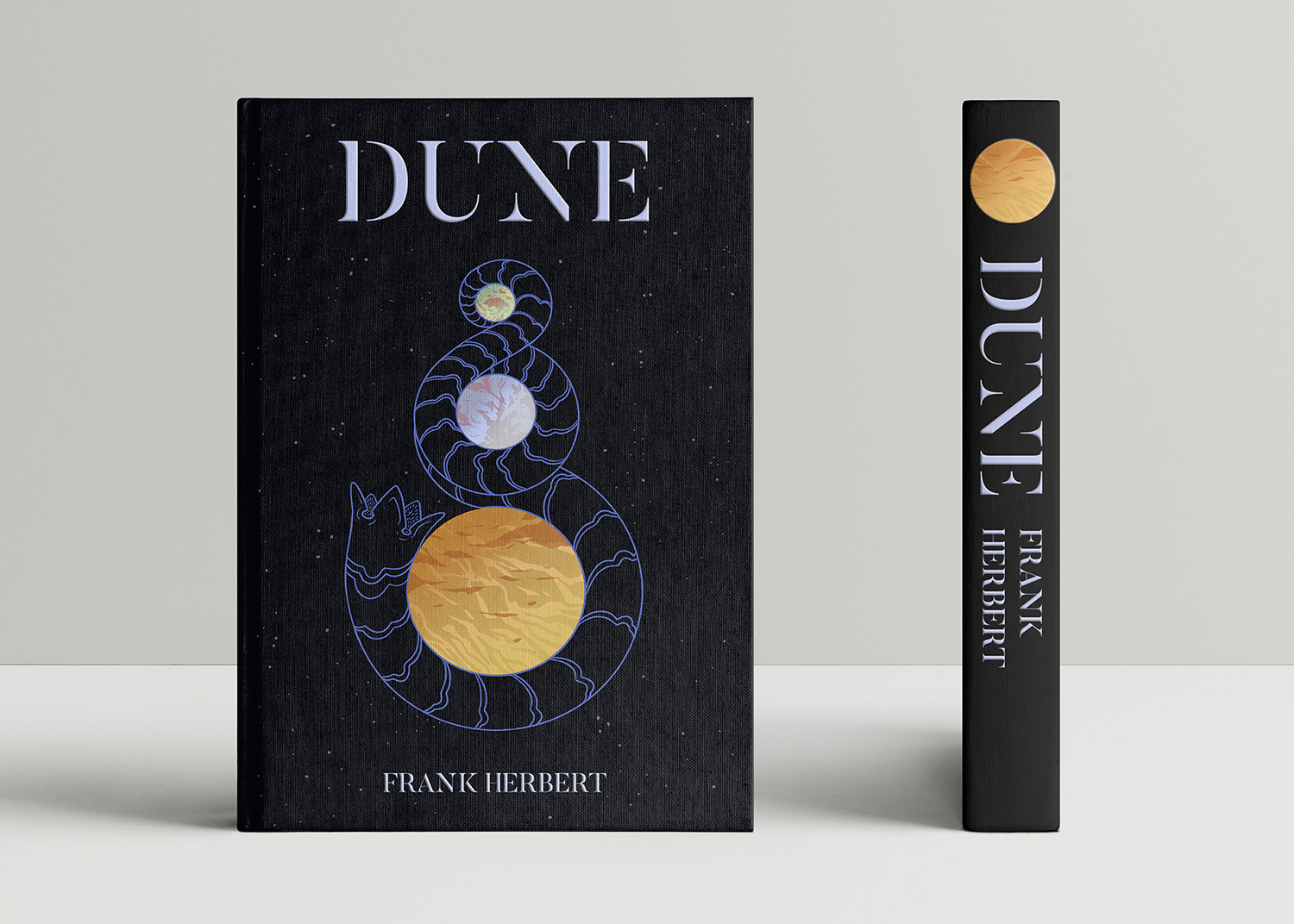 Frank Herbert's Dune illustrated book cover featuring planets and the sandworm.