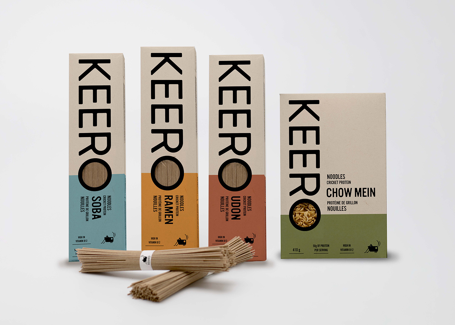 Keero Cricket Noodles packaging series of 4 boxes