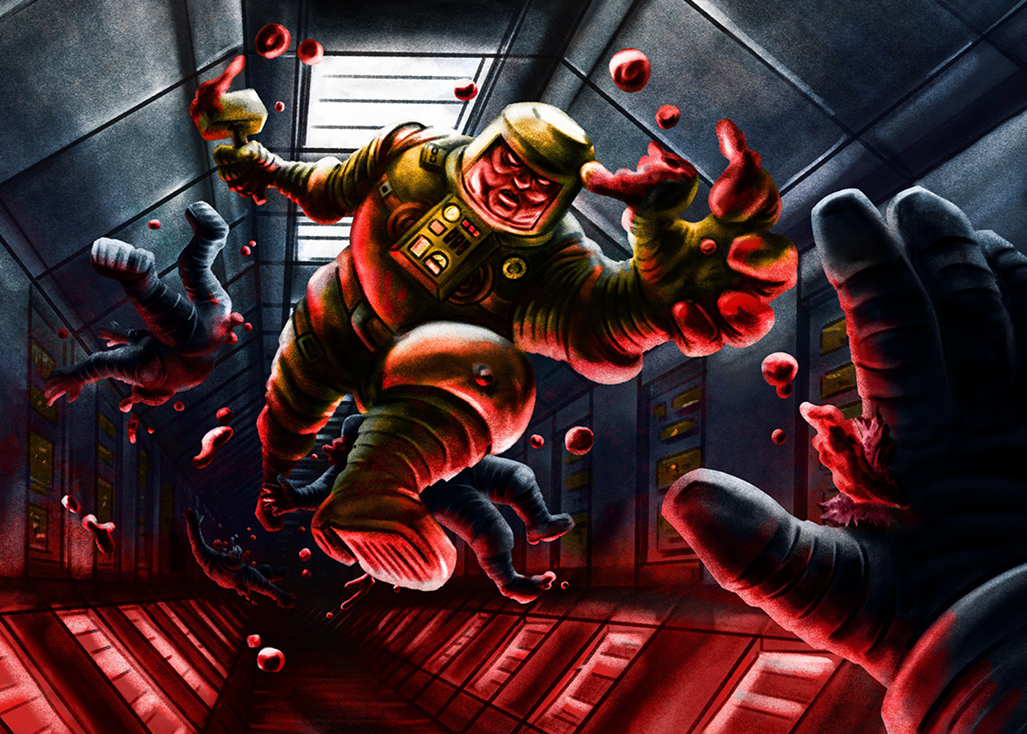 Retro Scifi spaceman horror in zero gravity illustration.