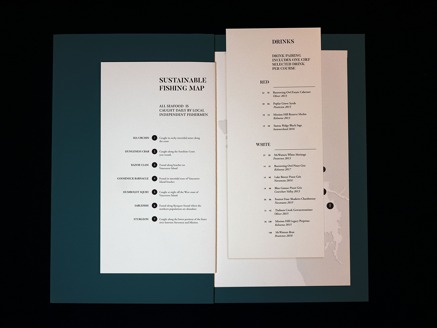 Oystercatcher Restaurant Menu map spread with drink menu.