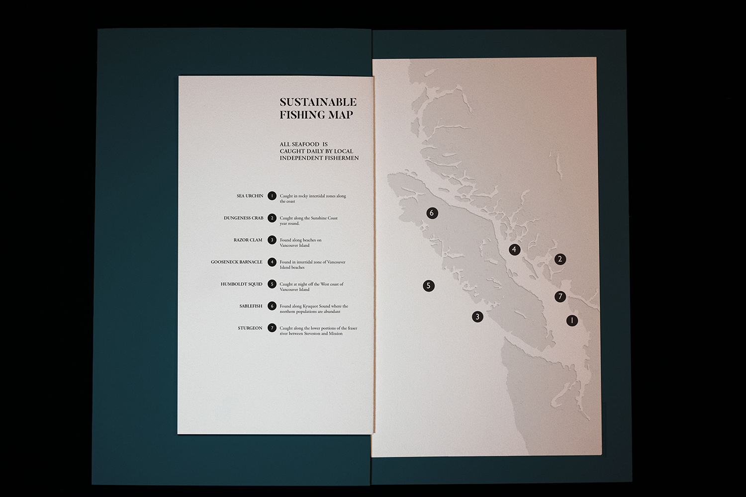 Oystercatcher Restaurant Menu map spread featuring locations where fish are farmed.