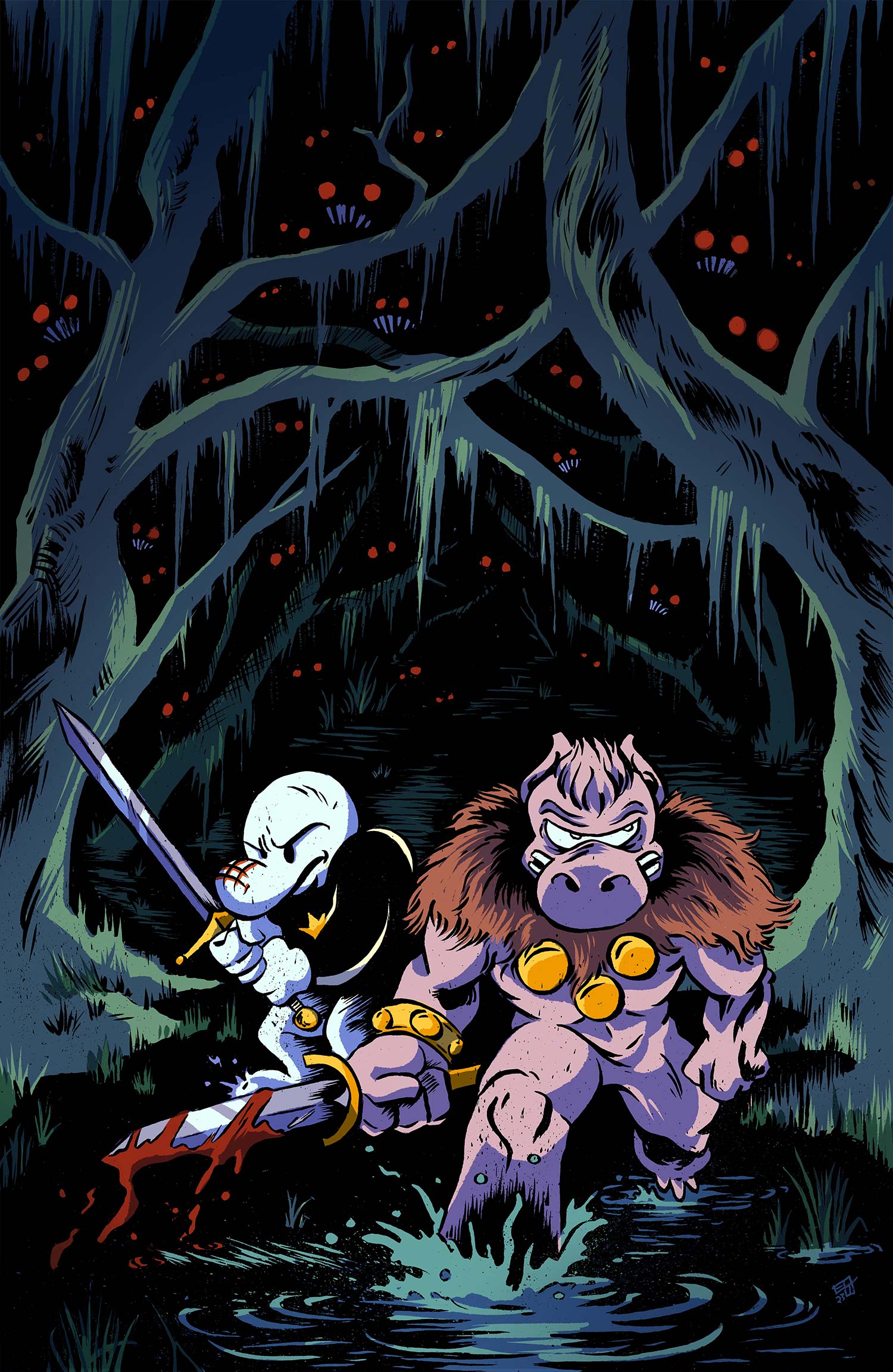 Bone and Cerebus walking through swamp illustration