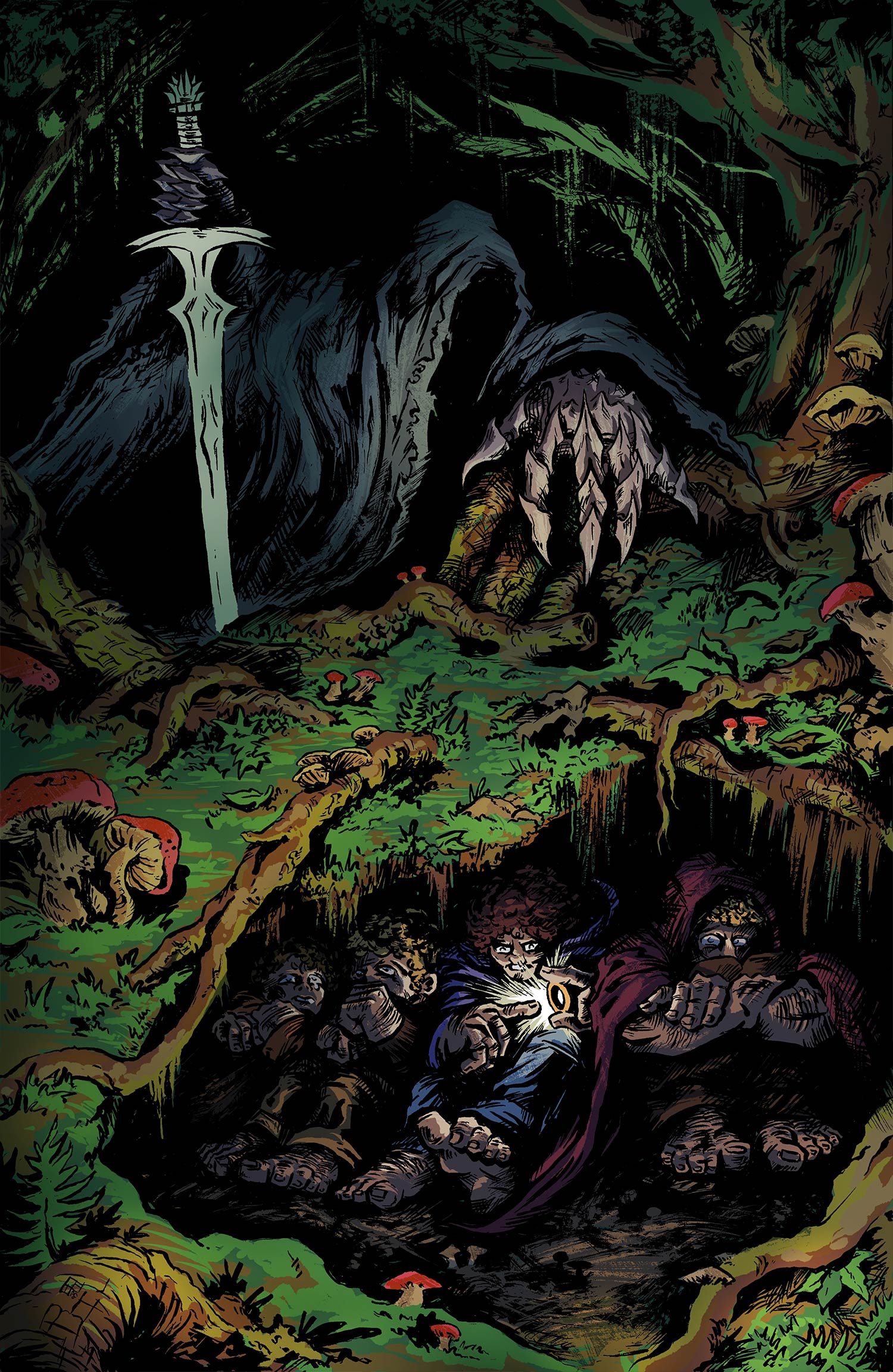 LOTR Ringwraith and hobbits under a tree illustration